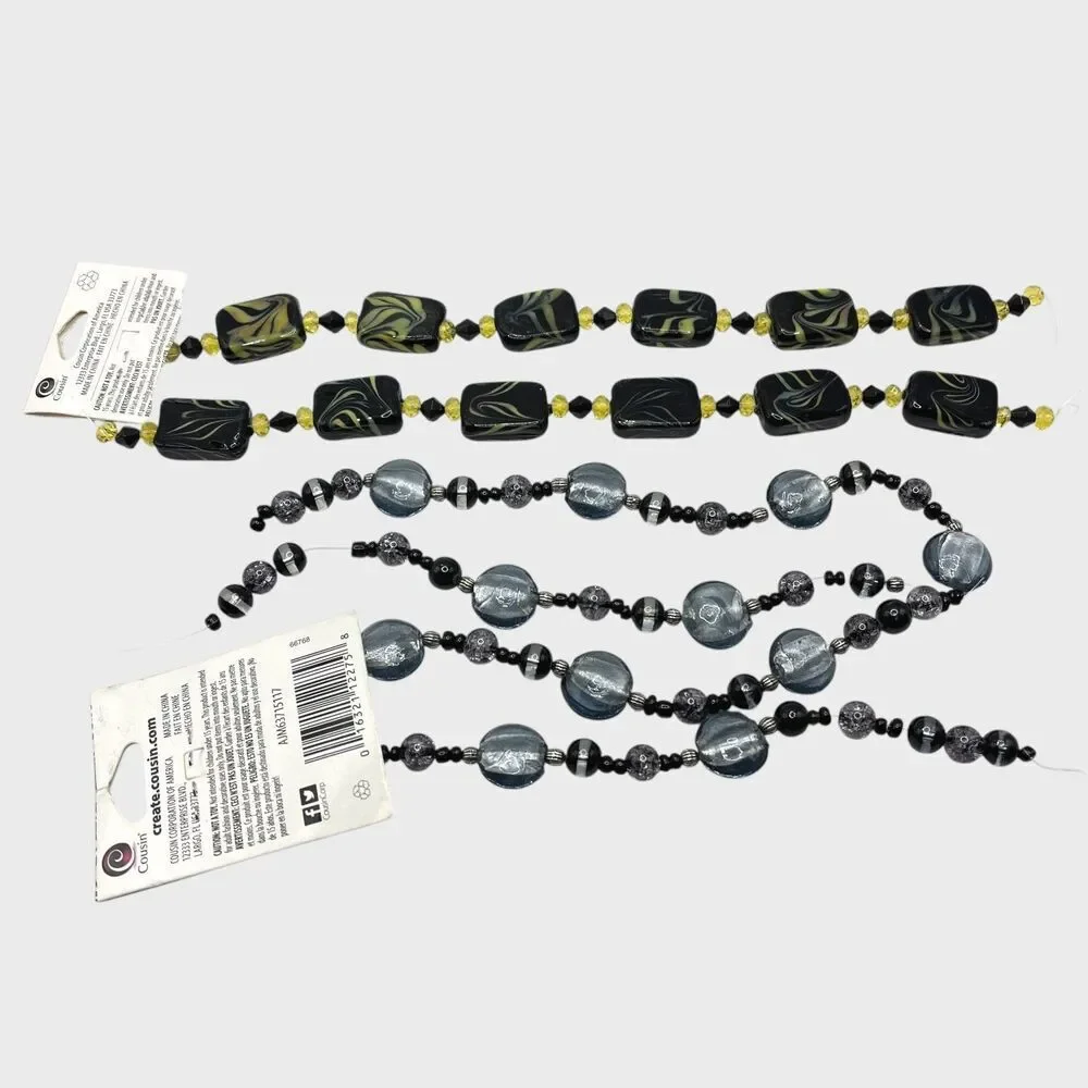 Lot Art Glass Beads Black Yellow Swirl Silver Tone Foil Jewelry Craft Lampwork